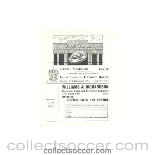 1966 - Luton Town v Tranmere Rovers official programme 27/12/1966 - Collect Soccer