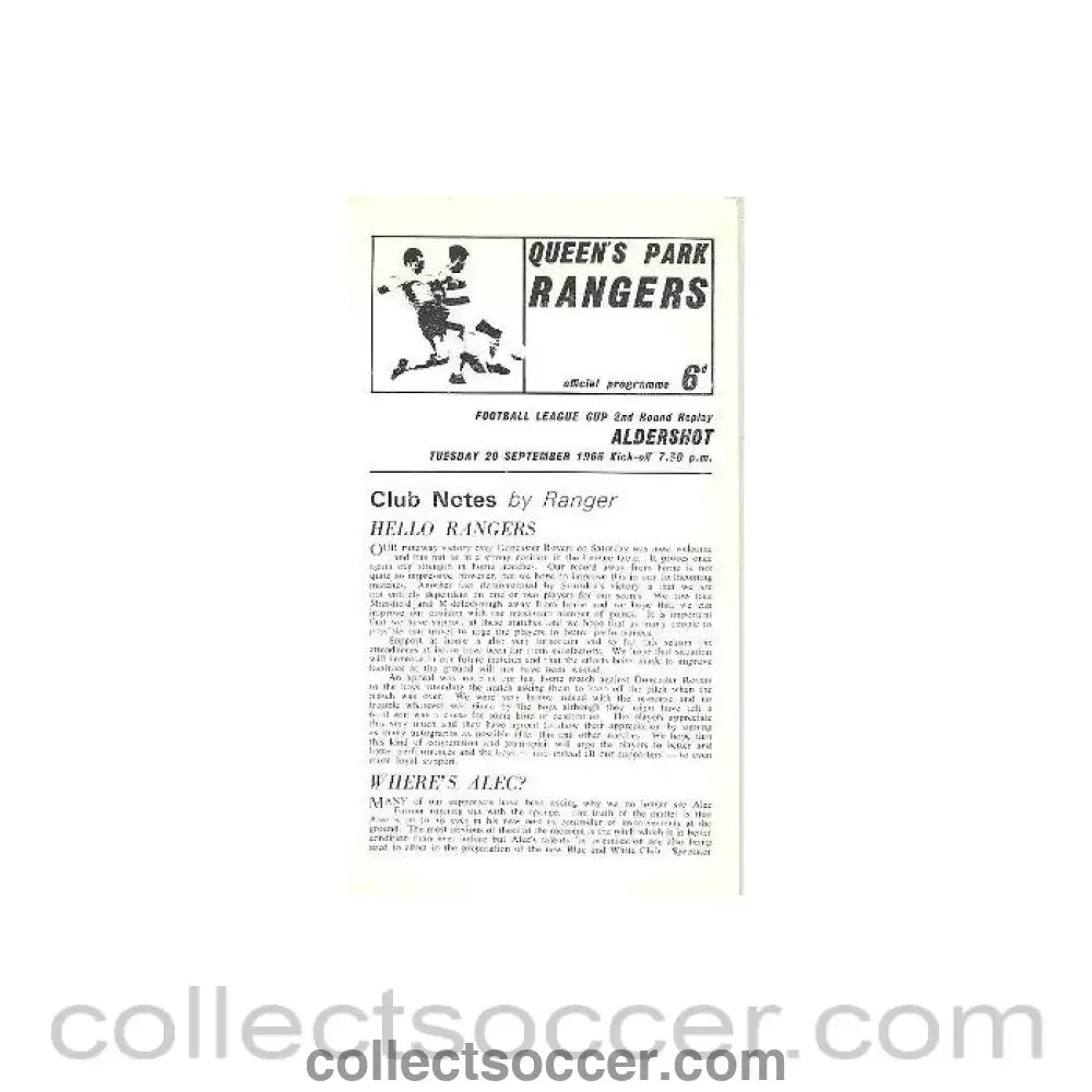 1966 - Queen's Park Rangers v Aldershot official programme 20/09/1966 Football League - Collect Soccer