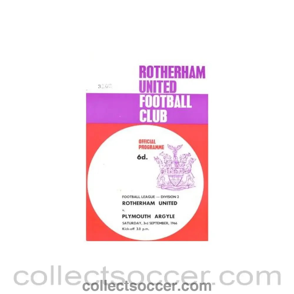 1966 - Rotherham United v Plymouth Argyle official programme 03/09/1966 Football League - Collect Soccer