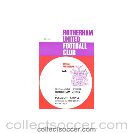 1966 - Rotherham United v Plymouth Argyle official programme 03/09/1966 Football League - Collect Soccer