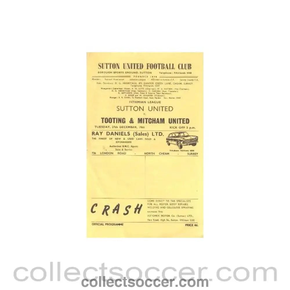 1966 - Sutton United v Tooting & Mitcham United official programme 27/12/1966 - Collect Soccer