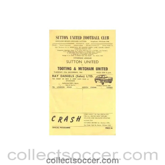 1966 - Sutton United v Tooting & Mitcham United official programme 27/12/1966 - Collect Soccer