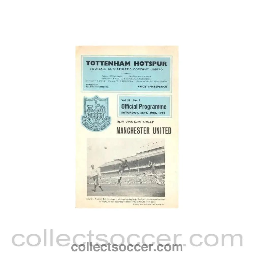 1966 - Tottenham Hotspur v Manchester United official programme 10/09/1966 - Collect Soccer