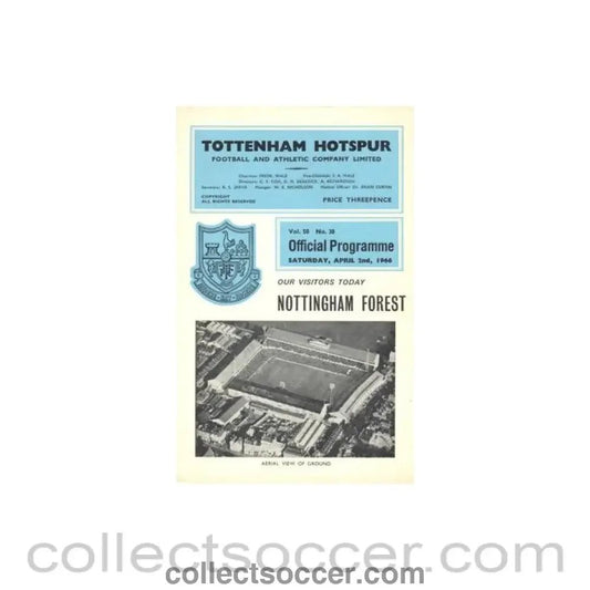 1966 - Tottenham Hotspur v Nottingham Forest official programme 02/04/1966 Football League - Collect Soccer