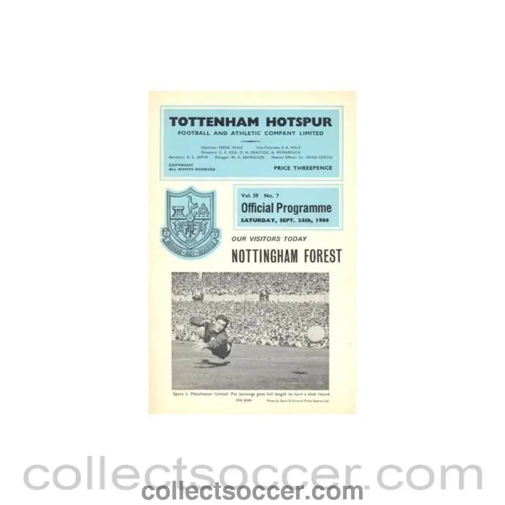 1966 - Tottenham Hotspur v Nottingham Forest official programme 24/09/1966 Football League - Collect Soccer