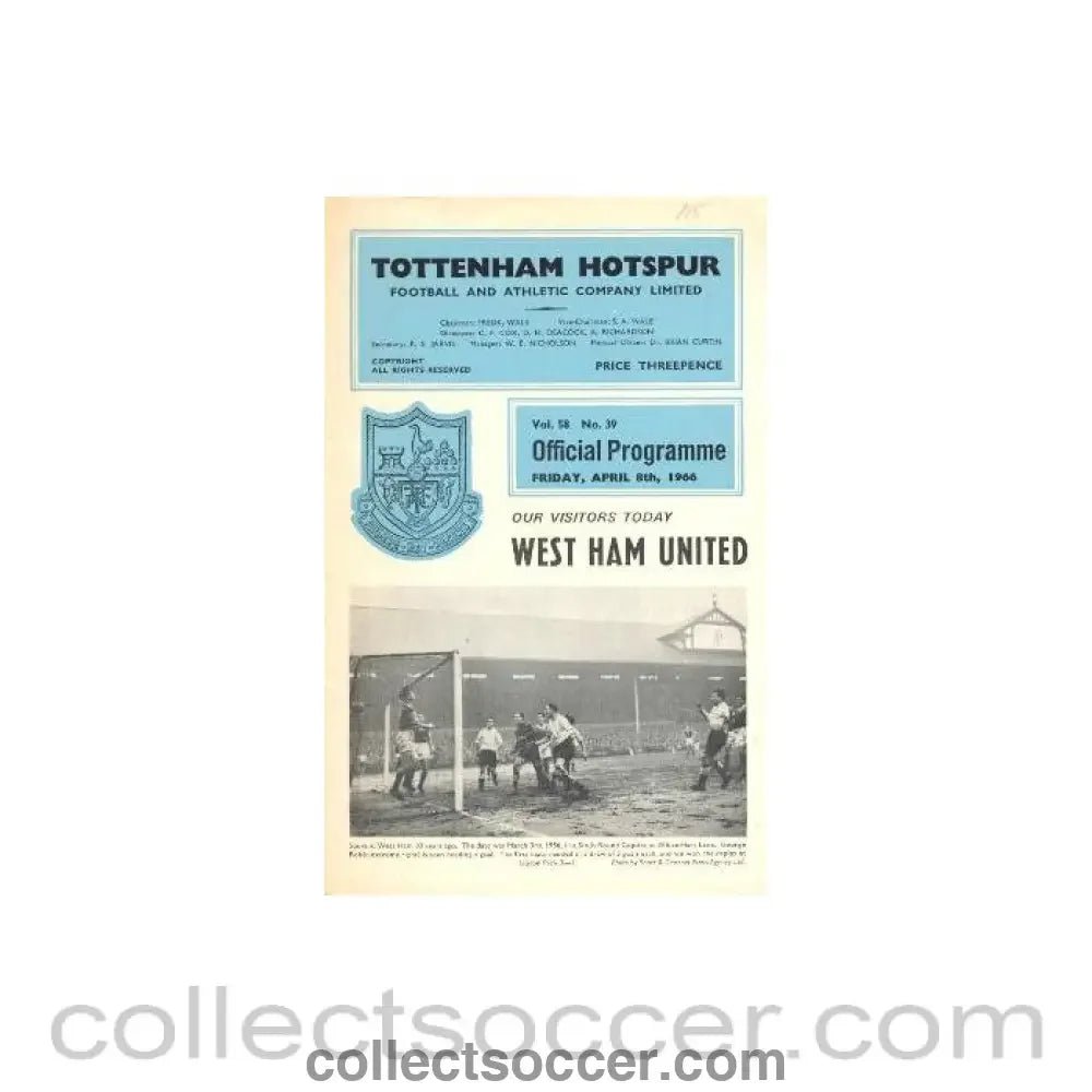 1966 - Tottenham Hotspur v West Ham United official programme 08/04/1966 - Collect Soccer