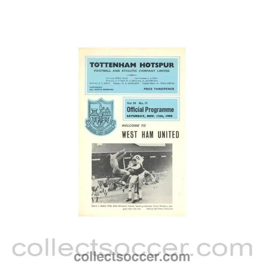 1966 - Tottenham Hotspur v West Ham United official programme 12/11/1966 Football League - Collect Soccer