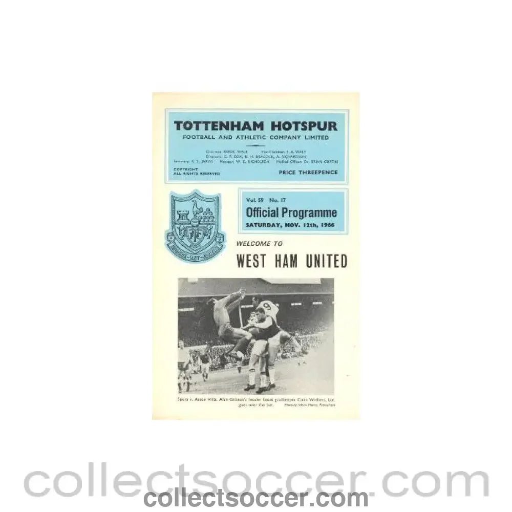 1966 - Tottenham Hotspur v West Ham United official programme 12/11/1966 Football League - Collect Soccer