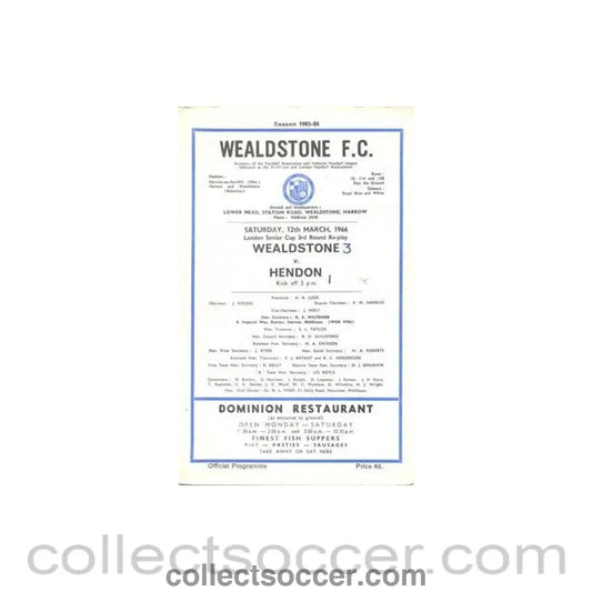 1966 - Wealdstone v Hendon official programme 12/03/1966 London Senior Cup 3rd Round Replay - Collect Soccer