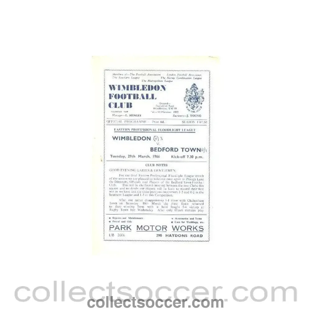 1966 - Wimbledon v Bedford Town official programme 29/03/1966 - Collect Soccer