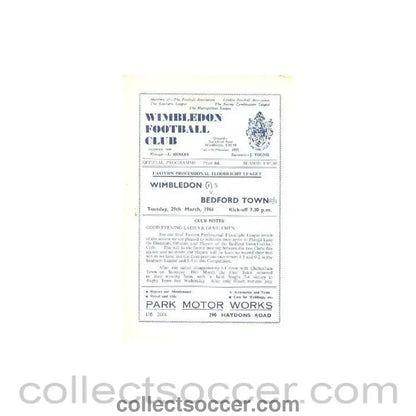 1966 - Wimbledon v Bedford Town official programme 29/03/1966 - Collect Soccer
