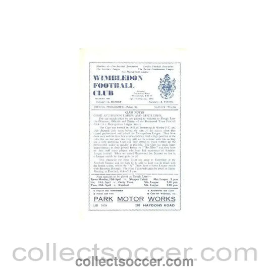 1966 - Wimbledon v Brentwood Town official programme 09/04/1966 - Collect Soccer