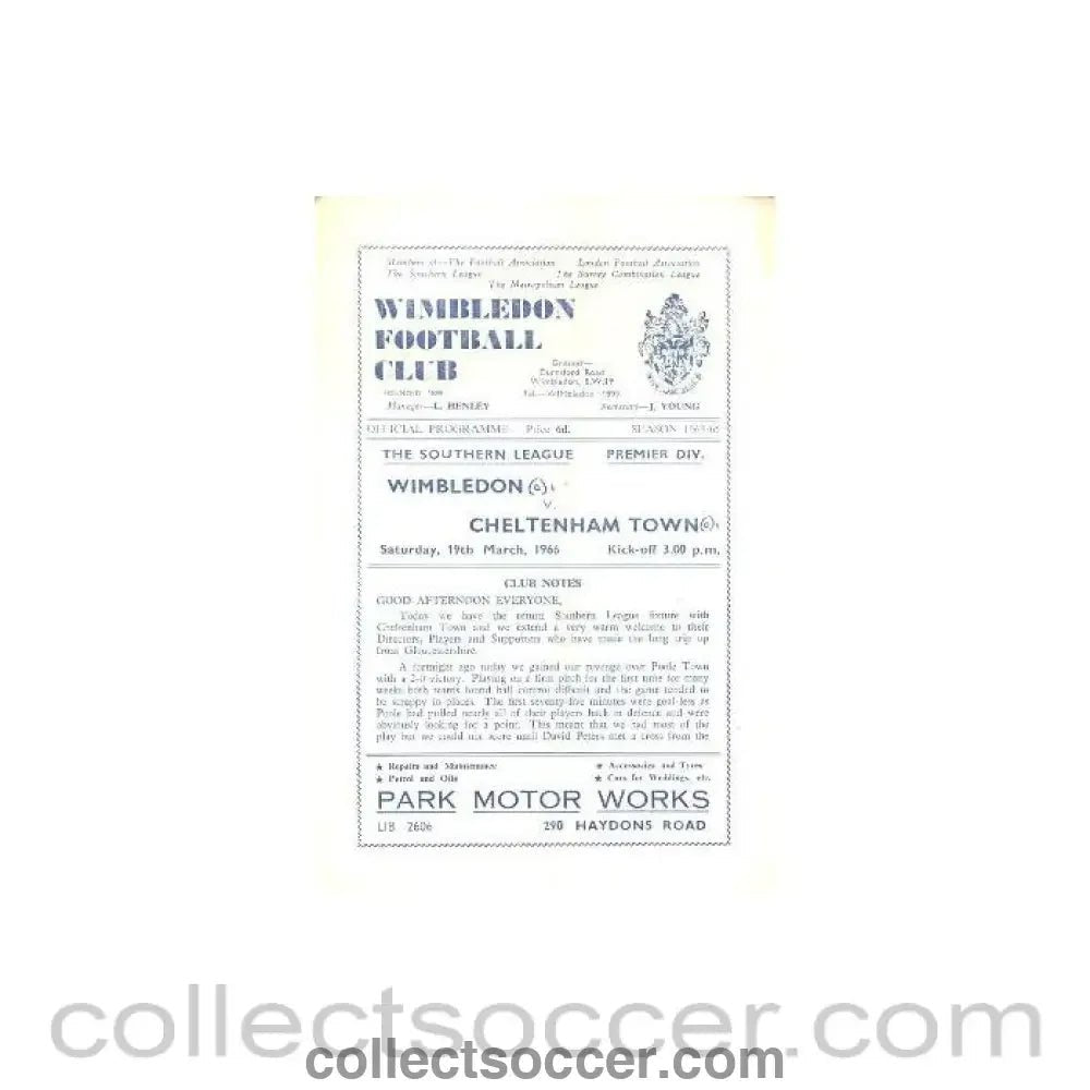 1966 - Wimbledon v Cheltenham Town official programme 19/03/1966 - Collect Soccer