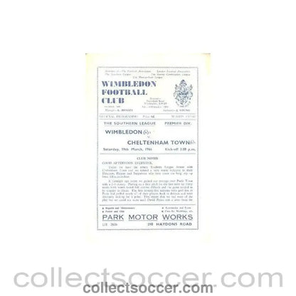 1966 - Wimbledon v Cheltenham Town official programme 19/03/1966 - Collect Soccer
