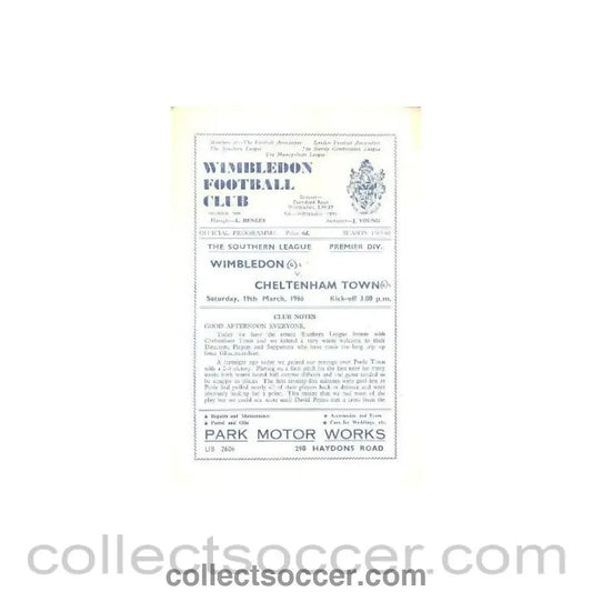 1966 - Wimbledon v Cheltenham Town official programme 19/03/1966 - Collect Soccer