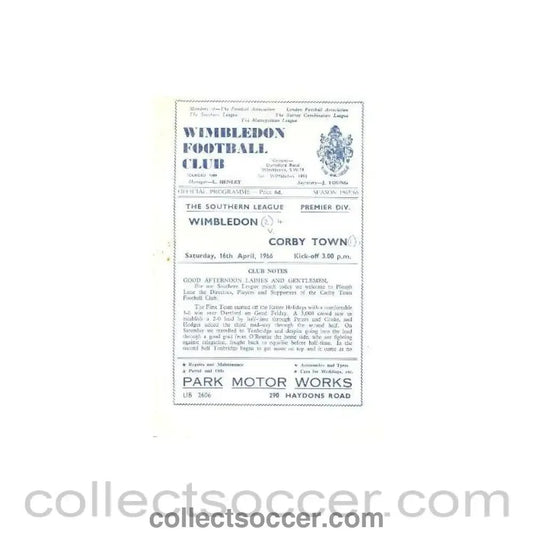 1966 - Wimbledon v Corby Town official programme 16/04/1966 - Collect Soccer