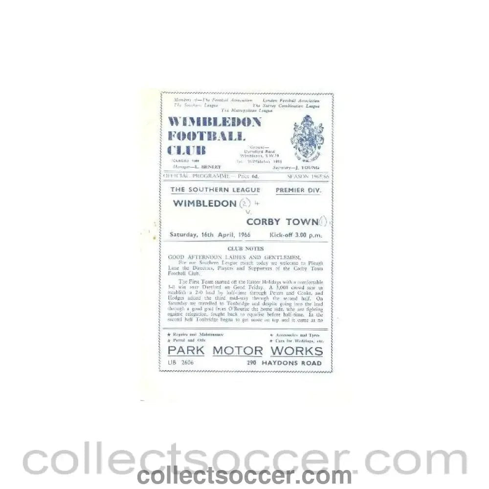 1966 - Wimbledon v Corby Town official programme 16/04/1966 - Collect Soccer