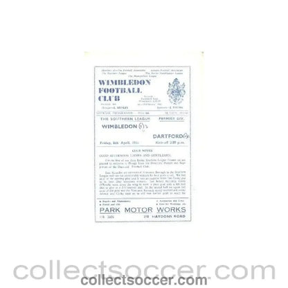 1966 - Wimbledon v Dartford official programme 08/04/1966 - Collect Soccer