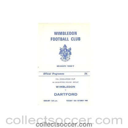 1966 - Wimbledon v Dartford official programme 18/10/1966 - Collect Soccer