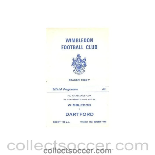 1966 - Wimbledon v Dartford official programme 18/10/1966 - Collect Soccer