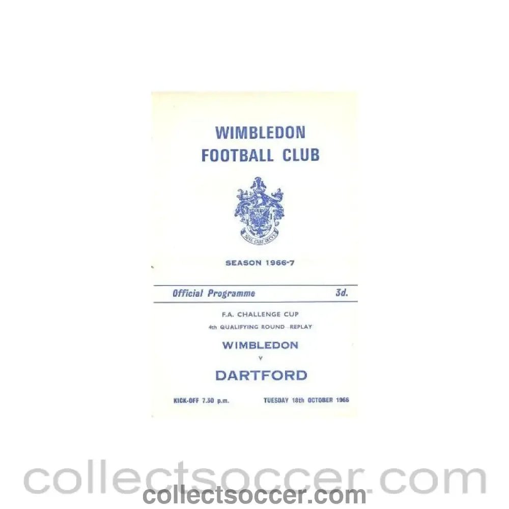 1966 - Wimbledon v Dartford official programme 18/10/1966 - Collect Soccer