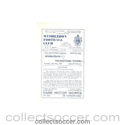 1966 - Wimbledon v Folkestone Town official programme 03/05/1966 - Collect Soccer