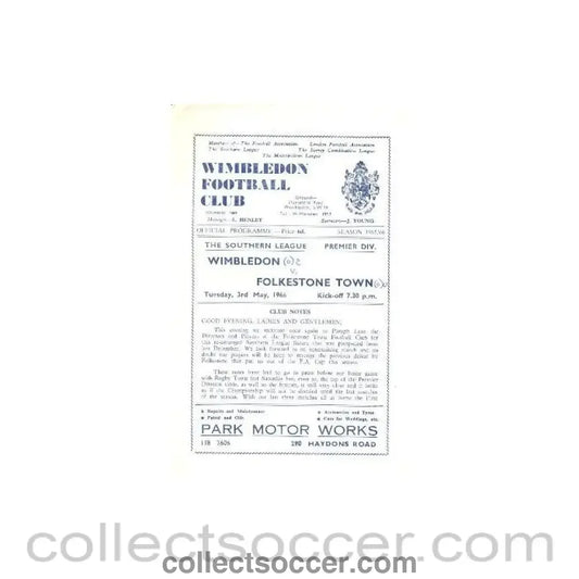 1966 - Wimbledon v Folkestone Town official programme 03/05/1966 - Collect Soccer