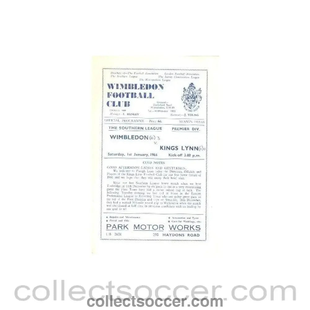 1966 - Wimbledon v King's Lynn official programme 01/01/1966 - Collect Soccer