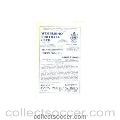 1966 - Wimbledon v King's Lynn official programme 01/01/1966 - Collect Soccer