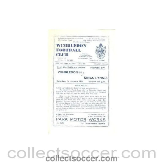 1966 - Wimbledon v King's Lynn official programme 01/01/1966 - Collect Soccer