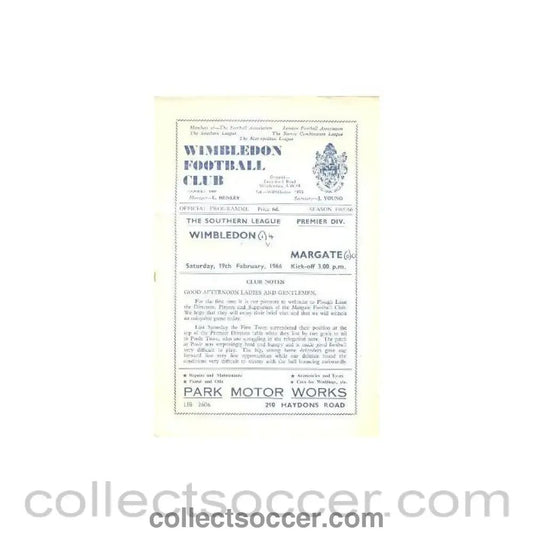 1966 - Wimbledon v Margate official programme 19/02/1966 - Collect Soccer