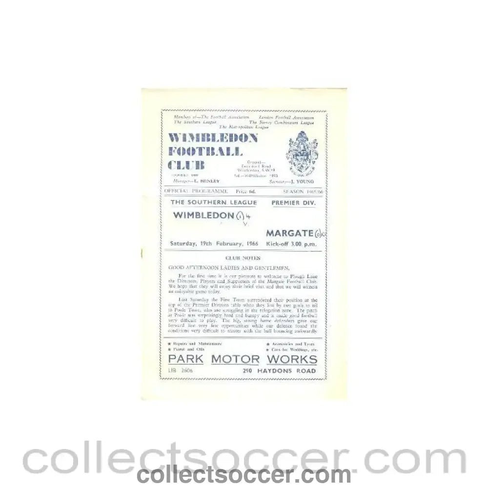 1966 - Wimbledon v Margate official programme 19/02/1966 - Collect Soccer