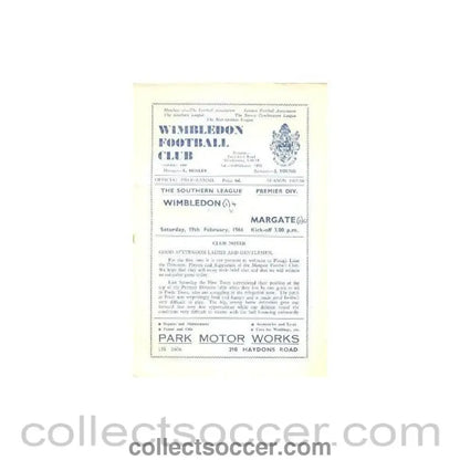 1966 - Wimbledon v Margate official programme 19/02/1966 - Collect Soccer