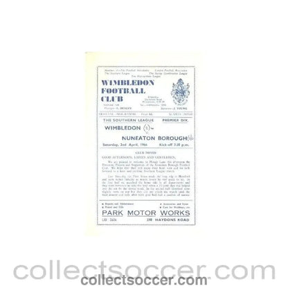 1966 - Wimbledon v Nuneaton Borough official programme 02/04/1966 - Collect Soccer