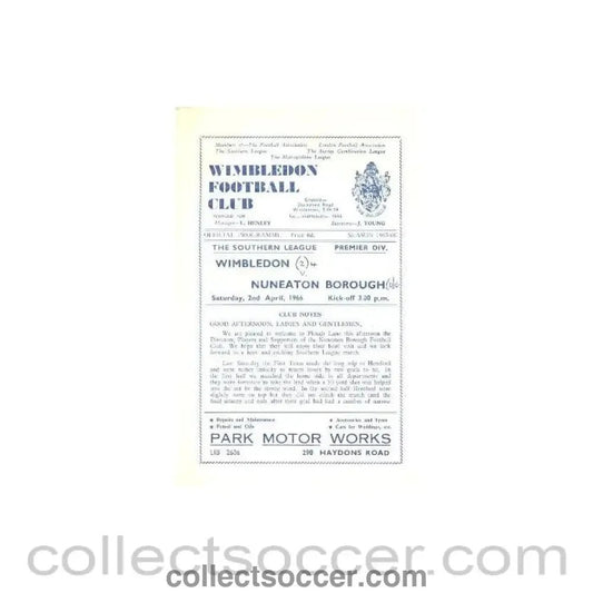 1966 - Wimbledon v Nuneaton Borough official programme 02/04/1966 - Collect Soccer