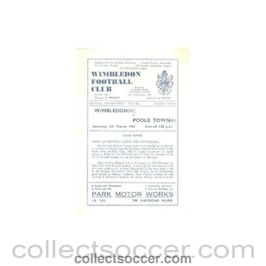 1966 - Wimbledon v Poole Town official programme 05/03/1966 - Collect Soccer