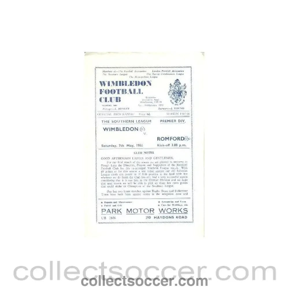 1966 - Wimbledon v Romford official programme 07/05/1966 - Collect Soccer