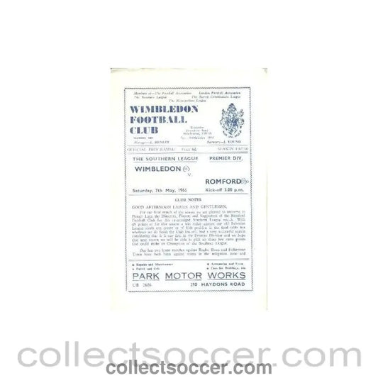1966 - Wimbledon v Romford official programme 07/05/1966 - Collect Soccer