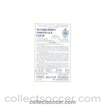 1966 - Wimbledon v Sheppey United official programme 11/04/1966 - Collect Soccer