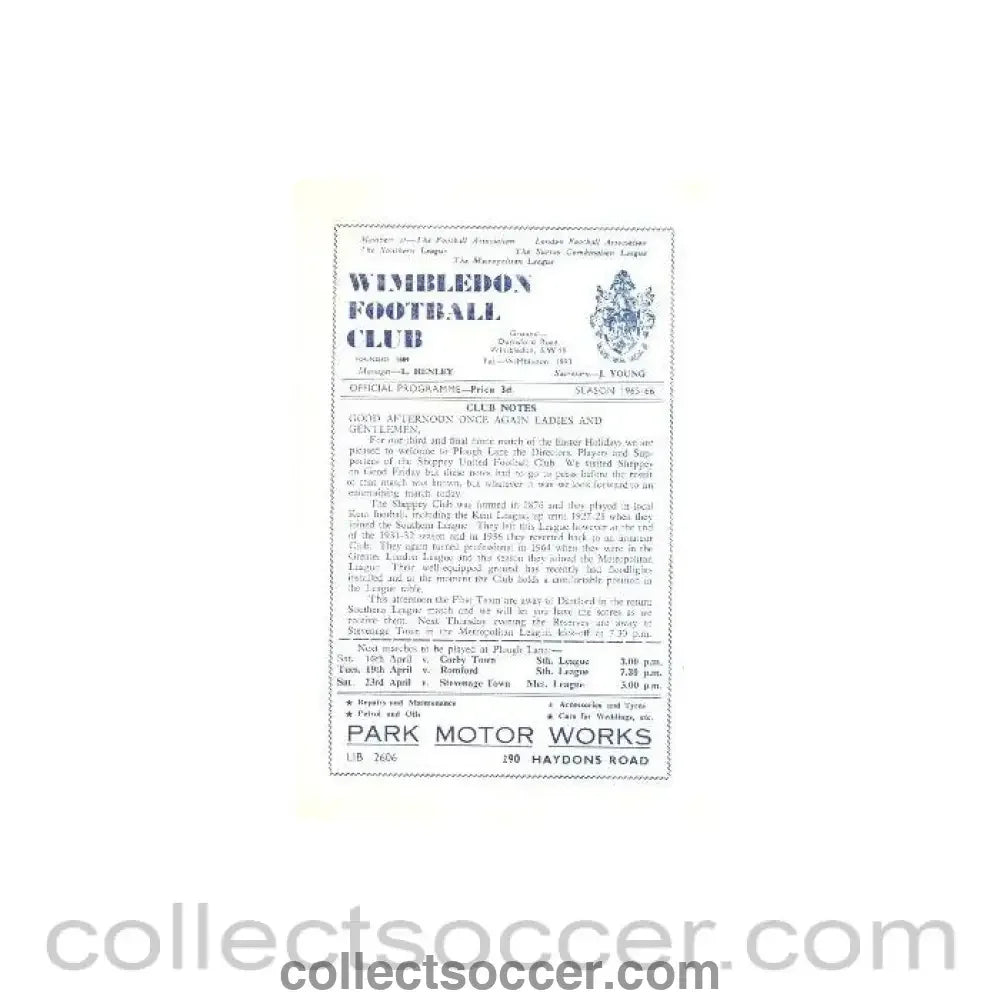 1966 - Wimbledon v Sheppey United official programme 11/04/1966 - Collect Soccer