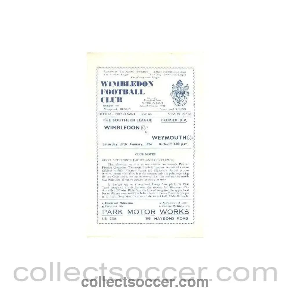1966 - Wimbledon v Weymouth official programme 29/01/1966 - Collect Soccer