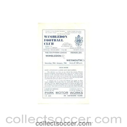 1966 - Wimbledon v Weymouth official programme 29/01/1966 - Collect Soccer