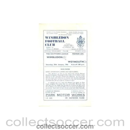 1966 - Wimbledon v Weymouth official programme 29/01/1966 - Collect Soccer