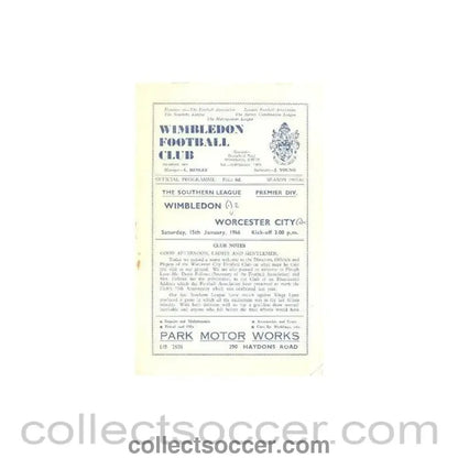 1966 - Wimbledon v Worchester City official programme 15/01/1966 - Collect Soccer