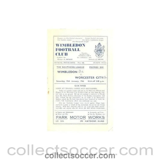 1966 - Wimbledon v Worchester City official programme 15/01/1966 - Collect Soccer