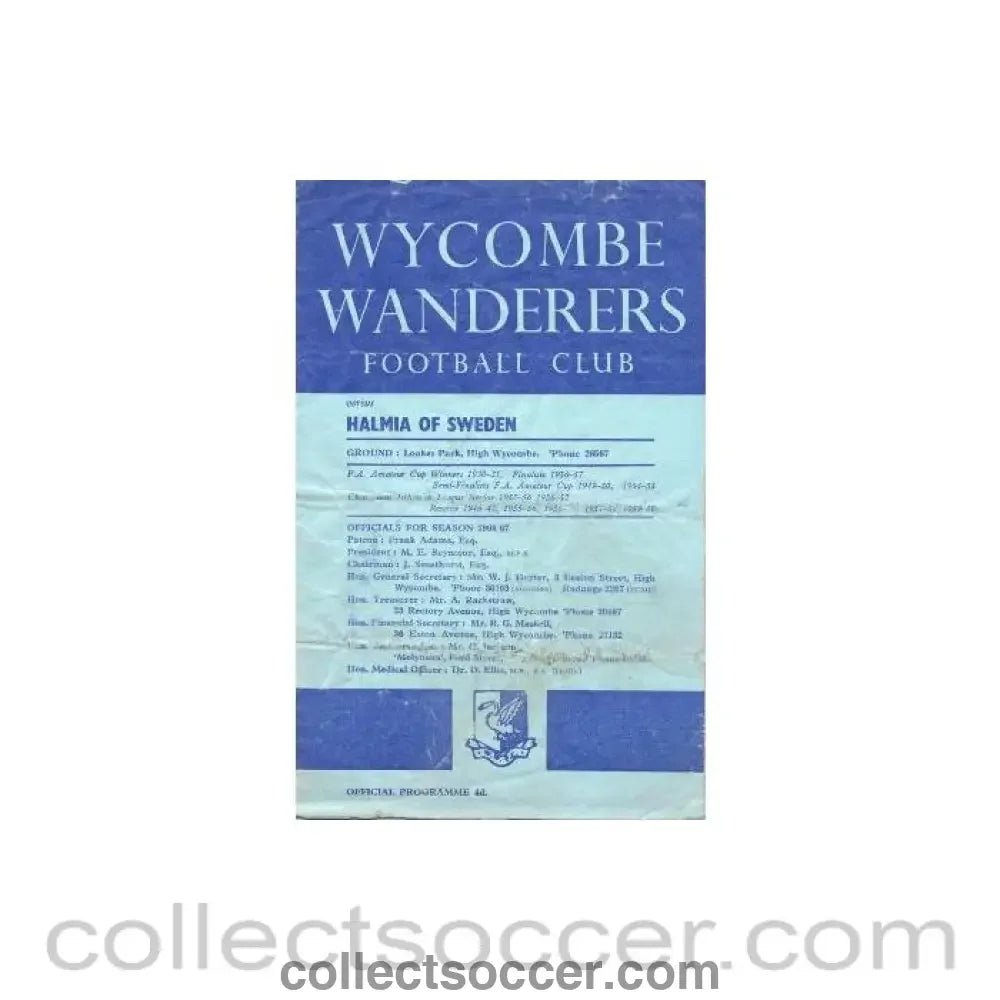 1966 - Wycombe Wanderers v Halmia Sweden official programme 18/10/1966 Friendly - Collect Soccer