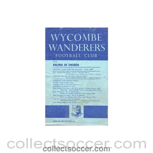 1966 - Wycombe Wanderers v Halmia Sweden official programme 18/10/1966 Friendly - Collect Soccer