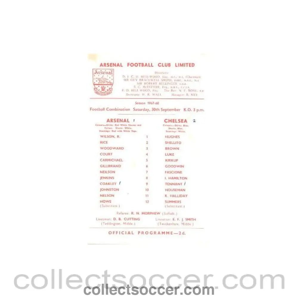 1967 - Arsenal vChelsea official programme 30/09/1967 - Collect Soccer