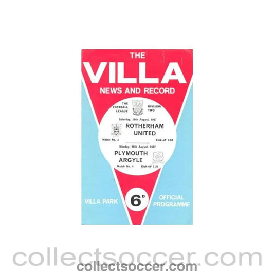 1967 - Aston Villa v Rotheham United 26/08/1967 and v Plymouth Argyle 28/08/1967 official programme Football League - Collect Soccer