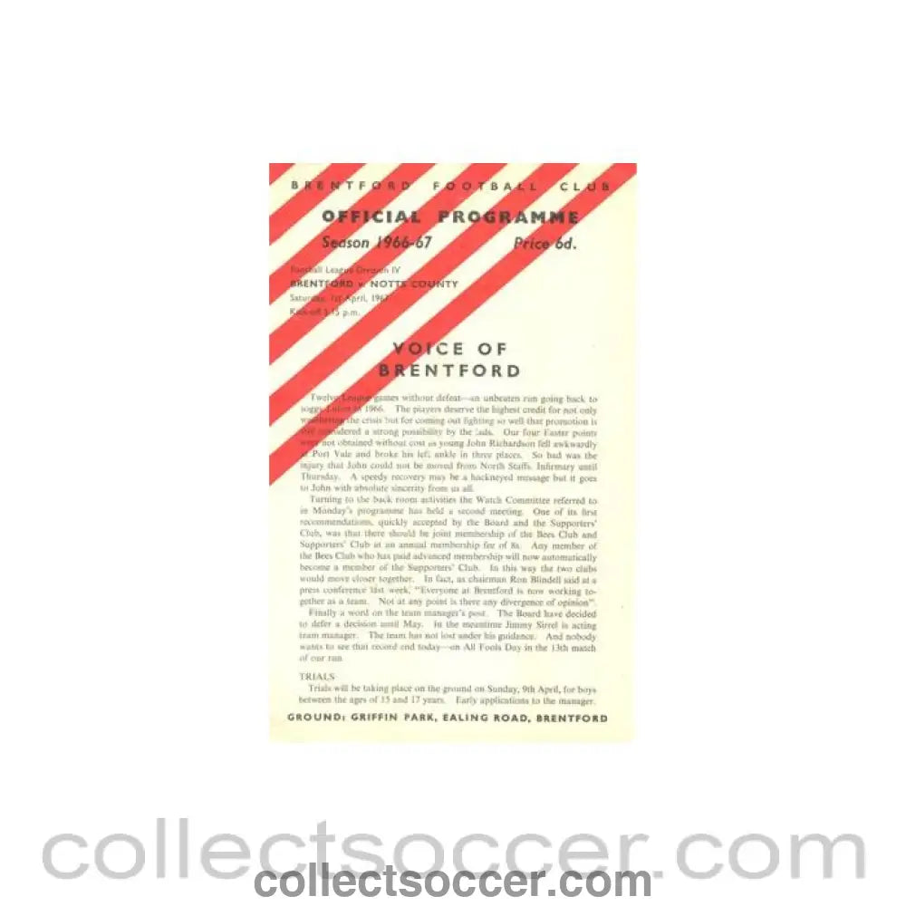 1967 - Brentford v Notts County official programme 01/04/1967 Football League